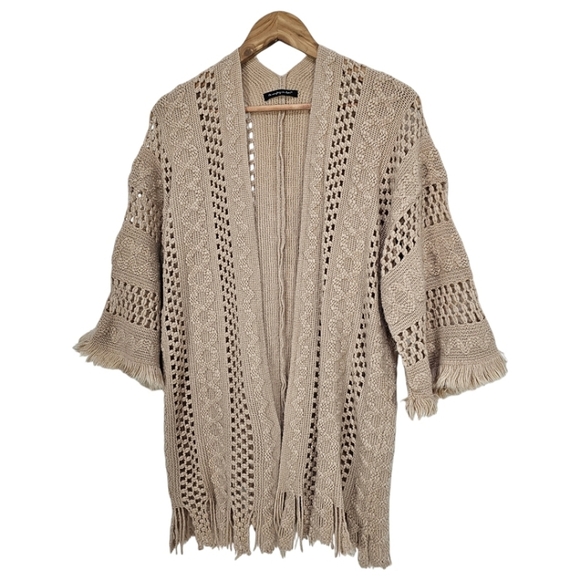 Do Everything In Love Tan Boho Crochet Knit Open Front Fringe Kimono Cardigan OS - Picture 2 of 10